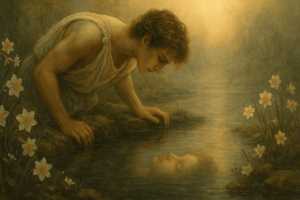 Mito de Narciso. Un día, mientras bebía agua de un arroyo, vio su reflejo y quedó fascinado. Incapaz de apartarse de su belleza y de alcanzar a su "amado", murió consumido por el deseo. Según el mito, en el lugar donde murió brotó una flor blanca con un centro amarillo, que tomó su nombre en su honor.